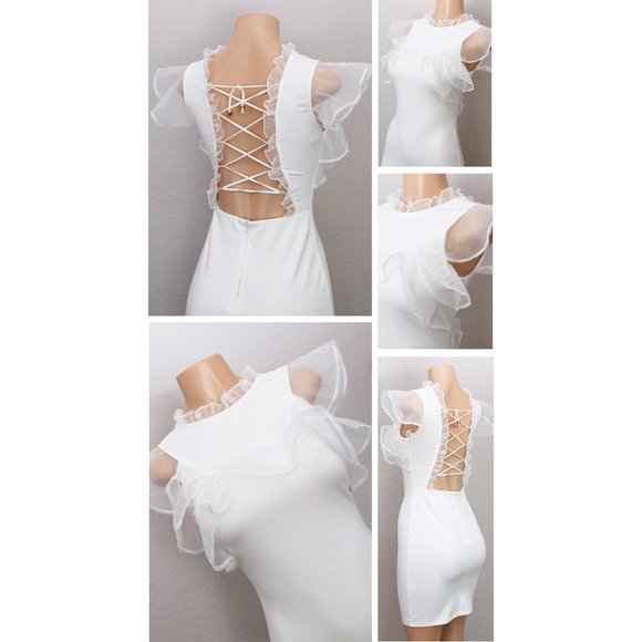 White Sheer Organza Ruffle Laced Up Backless Dress - Picture 3 of 8